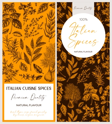 Italian spice label templates. Basil, mint, rosemary, parsley, sage, bay leaf, fennel sketches. Herbs hand-drawn vectot illustration. Vintage banner designs.. NOT AI generated